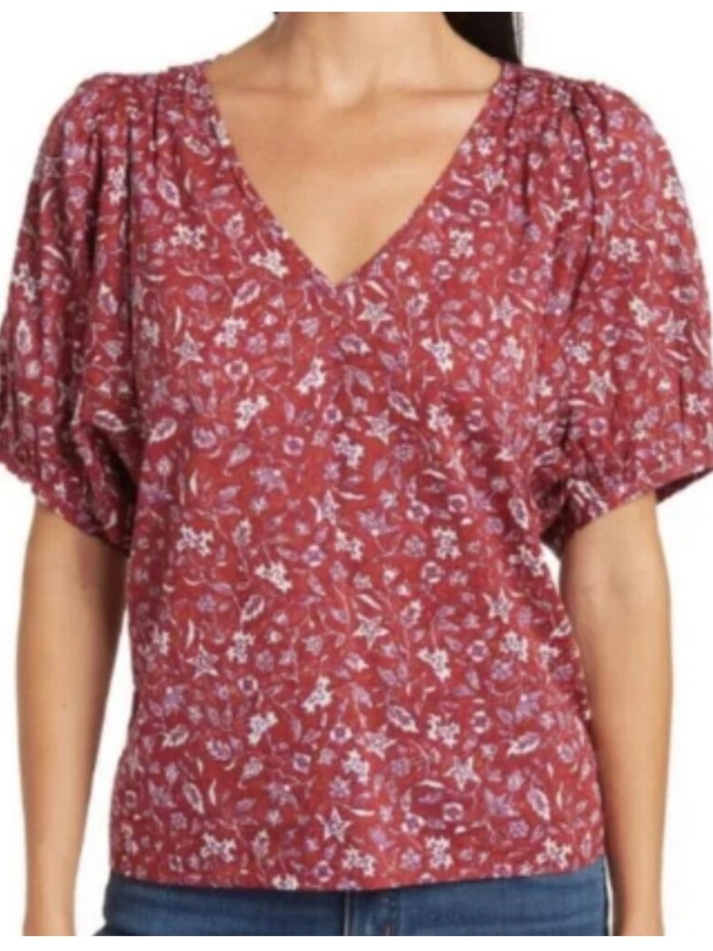 Madewell Dusty Red Floral V-Neck Puff Sleeve Top